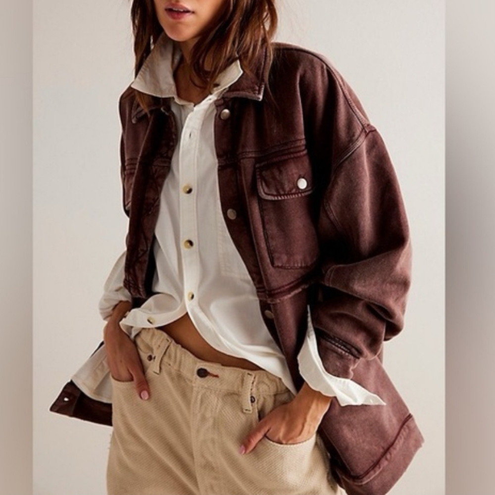 New Free People Dawson Chore Jacket in Washed Chocolate Brown Size XS
